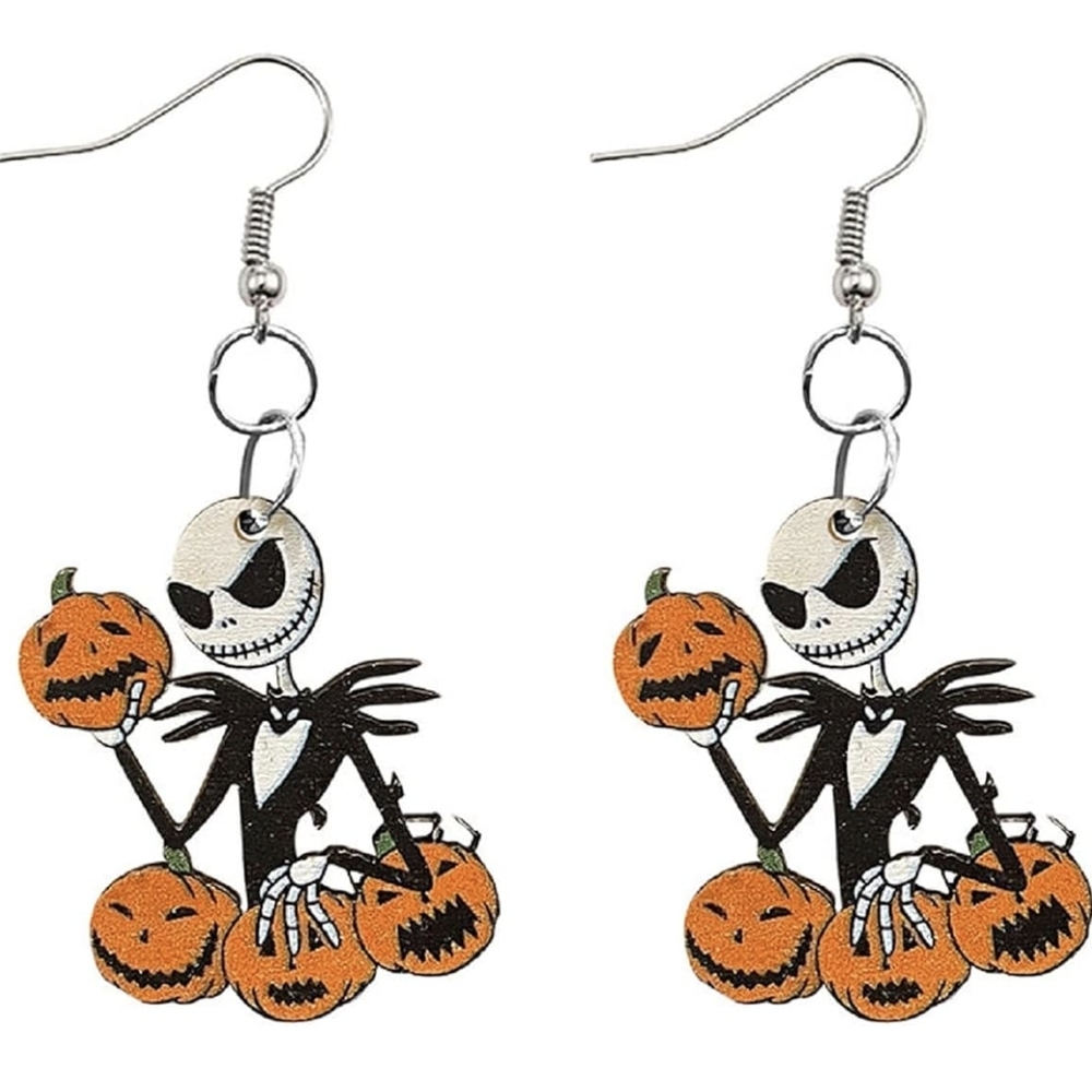 Halloween Jack Skellington Pumpkin Drop Earrings - Orange & Black